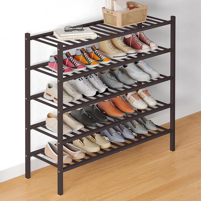 Smiry Bamboo Shoe Rack for Closet, 5 Tier Long Wooden Stackable Shoe Organizer, Free Standing Shoes Storage Shelf for Entryway, Front Door Entrance, Brown by Smiry