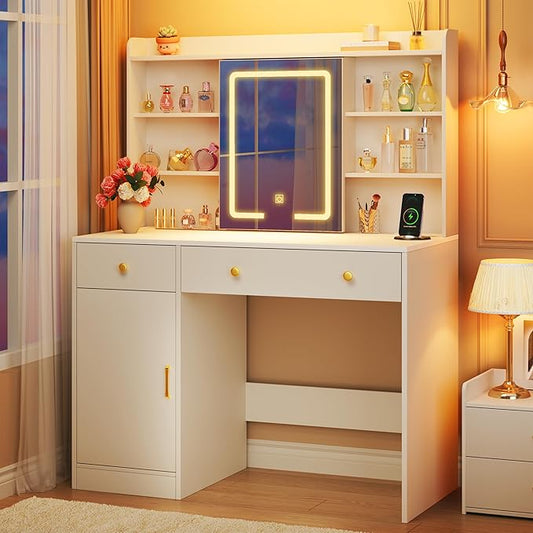 HUAHUU Vanity Desk with Mirror and Lights, 37" Makeup Vanity Desk with LED Lighted Mirror, Power Outlet, White Vanity with Storage Cabinet, 2 Drawers & 6 Shelves for Bedroom