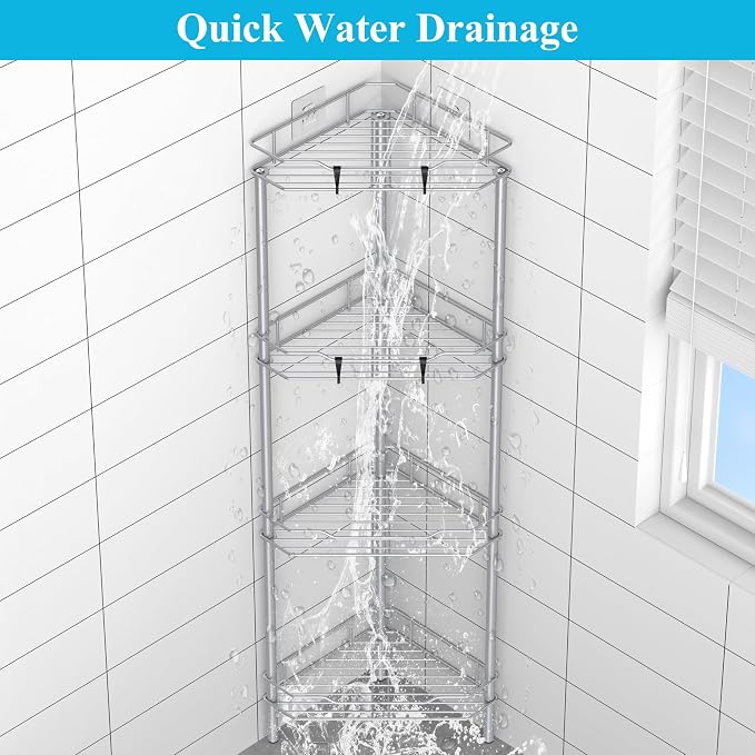 HuggieGems 4 Tier Floor Standing Corner Shower Caddy Organizer Shelf with Hooks, Bathroom Shelves Stand Rack, Silver - Image 6