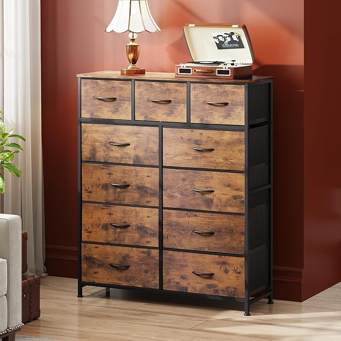 WLIVE Tall Dresser for Bedroom, Fabric Dressers Storage Tower, Dresser & Chest of Drawers Organizer Unit with 11 Drawers, Storage Cabinet, Hallway, Closets, Steel Frame, Wood Top, Rustic Brown - Image 2