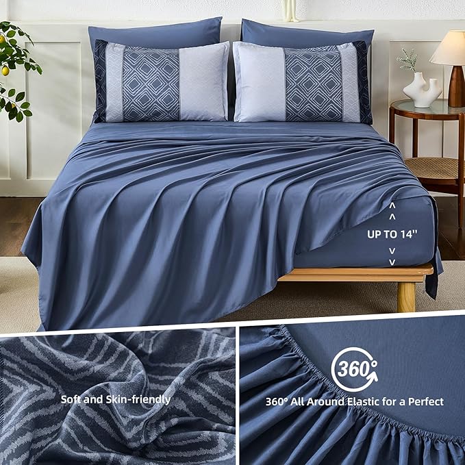 Dinjoy Boho Queen Comforter Set Mineral Blue,7 Piece Bed in a Bag Queen Size Warm Striped Fall Bedding Sets with Plaid Comforters with Sheets for Family All Season