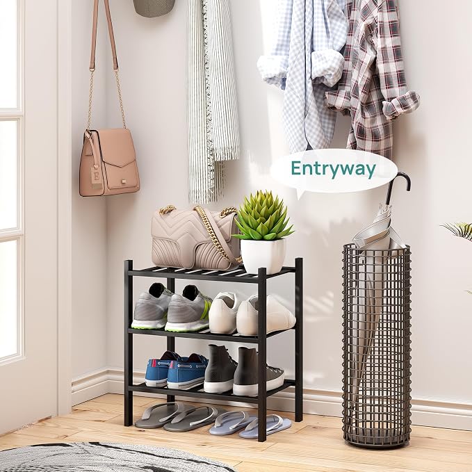 viewcare Small Shoe Rack for Entryway,3-Tier Black Bamboo Shoe Organizer for Hallway Closet, Free Standing Shoe Racks for Indoor Outdoor - Image 2