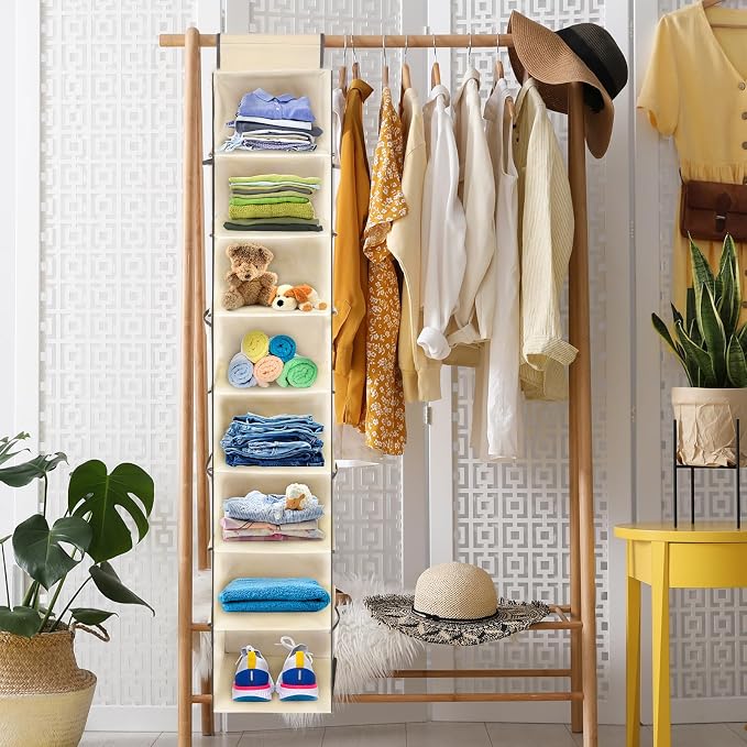 Large-Sized Hanging Shoe Organizer 8-Shelf, Hanging Closet Organizer with 8 Side Pockets, Wider Hanging Shelves for Storage Shoes Clothes 9" W × 11.8" D× 48" H, Beige. - Image 2