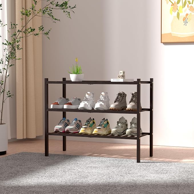 ROMGUAR CRAFT 3 Tier Bamboo Shoe Rack for Closet Free Standing Wood Shoe Shelf for Entryway Small Space Stackable 27"x11"x20" (Brown) - Image 2