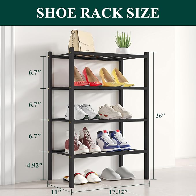 Smiry Shoe Rack, 4 Tier Small Bamboo Shoe Organizer, Stackable Free Standing Wooden Shoe Storage Shelf for Closet, Entryway, Front Door Entrance, Black - Image 2