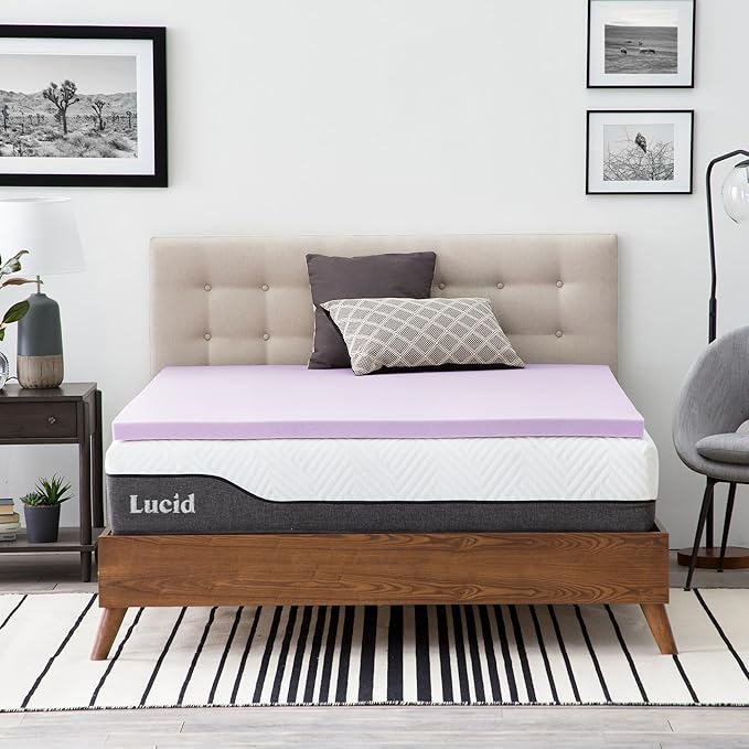 Lucid 2 Inch Lavender Memory Foam Mattress Topper, King Size – Essential Oil Infusion – Plush Feel, Pressure-Relieving Bed Topper – Ventilated and Breathable – CertiPur Certified