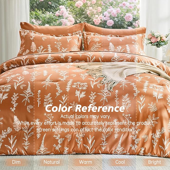MUXHOMO Burnt Orange Bed in a Bag King 7 Pieces, King Comforter Set Reversible Botanical Flowers Design, Ultra Soft & Breathable Bedding Sets with Comforter, Sheets, Pillowcases & Shams