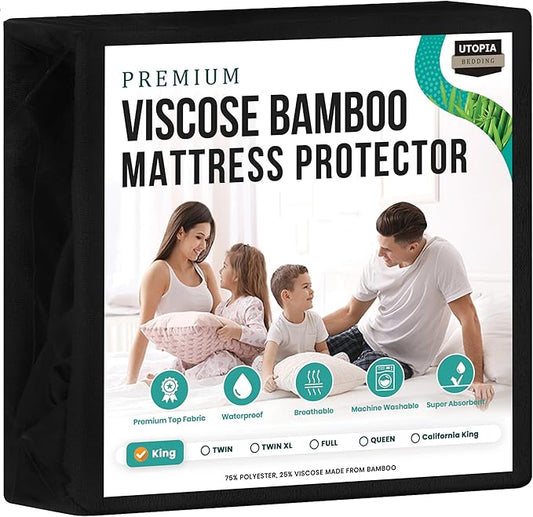 Utopia Bedding Premium Waterproof Mattress Protector, Viscose Made from Bamboo Mattress Cover, Breathable, Fitted Style with Stretchable Pockets (Black, King)