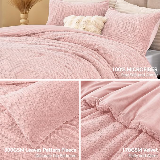 Flannel Fleece Queen Comforter Set - Furry Pink Leaves Pattern Faux Fur Bed Set, Winter Ultra Soft Fuzzy Comfort Set, Velvet Bedding Set for Bed with 2 Pillow Cases