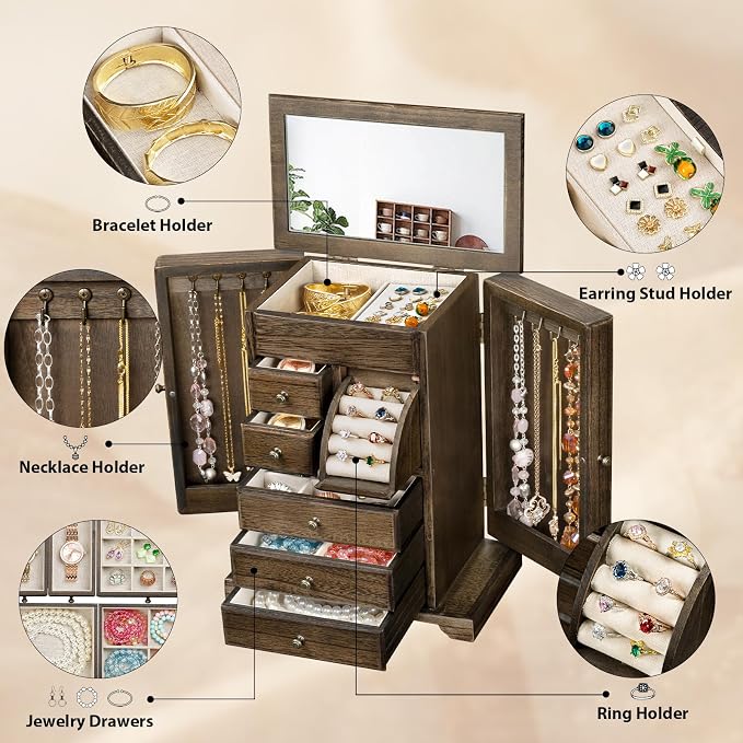 Jewelry Box for Women, Rustic Wooden Jewelry Boxes & Organizers with Mirror & Drawers,6 Layer Jewelry Organizer Box for Rings Earrings Necklaces Bracelets (Vintage) - Image 3