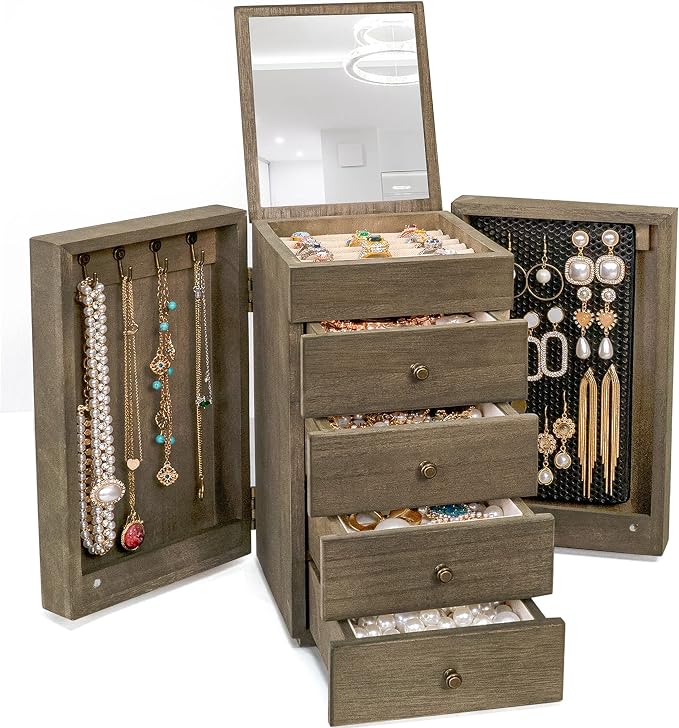 Meangood Jewelry Box Wood for Women, 5-Layer Large Organizer Box with Mirror & 4 Drawers for Rings, Earrings, Necklaces, Vintage Style, Weathered Grey - Image 7