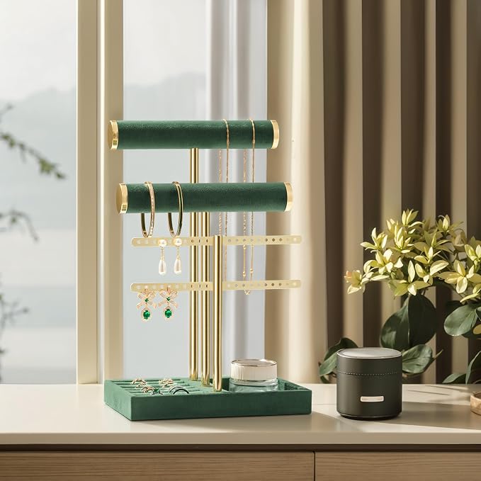 bussdis 3 Tier Bracelet Holder Display - Detachable T Bar Dark Green Velvet Bracelet Holder, Jewelry Holder Organizer for Bracelet, Necklace, Earrings, Rings - Image 5