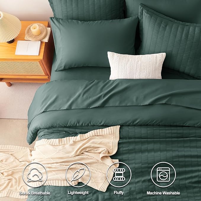 CozyLux Full Size Comforter Sets with Sheets 7 Pieces, Forest Green Seersucker Bed in a Bag Textured Luxury Soft Bedding Set with Down Alternative Comforter, Sheets, Pillowcases & Shams for All Season