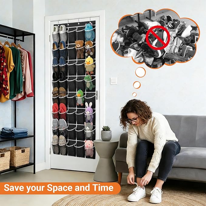 40-Pocket Over the Door Shoe Organizer - Large Mesh Pocket Hanging Shoe Organizer,Behind the Door Shoes Storage Holder Hanger (Black-W) - Image 6