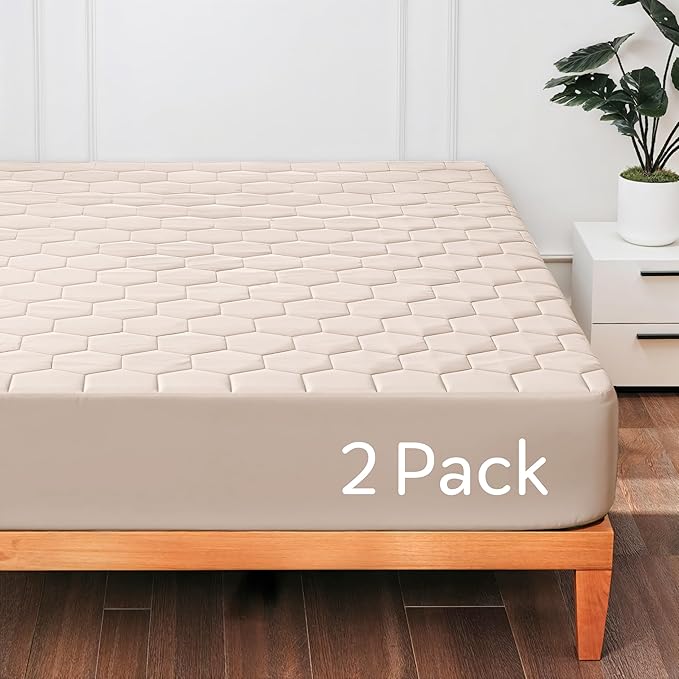Hearth & Harbor 2 Pack California King Size Quilted Fitted Mattress Pad Cover, 100% Waterproof Mattress Protectors, Deep Pocket Fitted Mattress Cover 8" - 21" (72" x 84", Beige Cream)