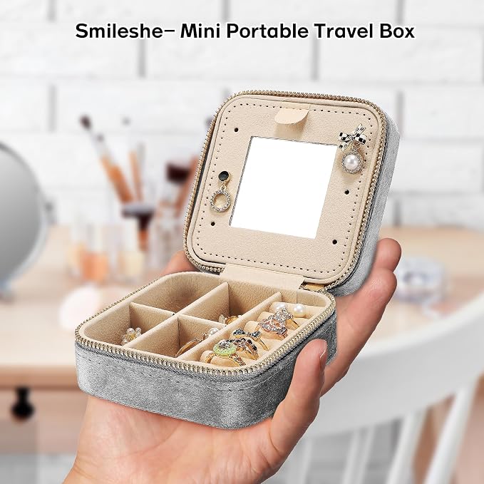 Velvet Travel Jewelry Box for Women - Small Portable Organizer, Storage Case for Rings, Earrings and Girls Necklaces, Ideal Gift for Travel (Gray) - Image 5