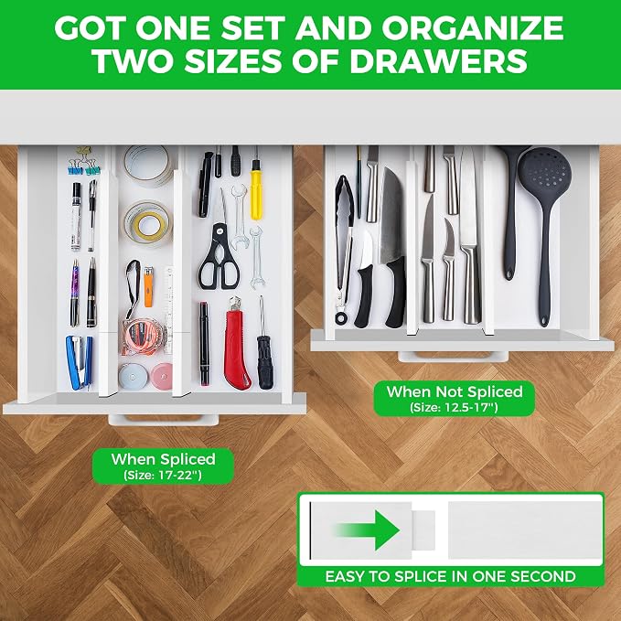 4 Pack Bamboo Drawer Dividers Organizer with Inserts 2.6'' High, Expandable from 12.5-21.7", Adjustable Drawer Organizer Separators for Utensils, Clothing, Office, Dresser, Bedroom, (White) - Image 2