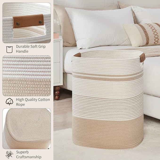 AINUOQI Laundry Basket with Handles - Blanket Basket & Hampers for Bedroom Aesthetic, Laundry Hamper & Blanket Storage for Living Room, Clothes Hamper, Tall, Large 17" x 14" x 22”, Off-white - Image 4
