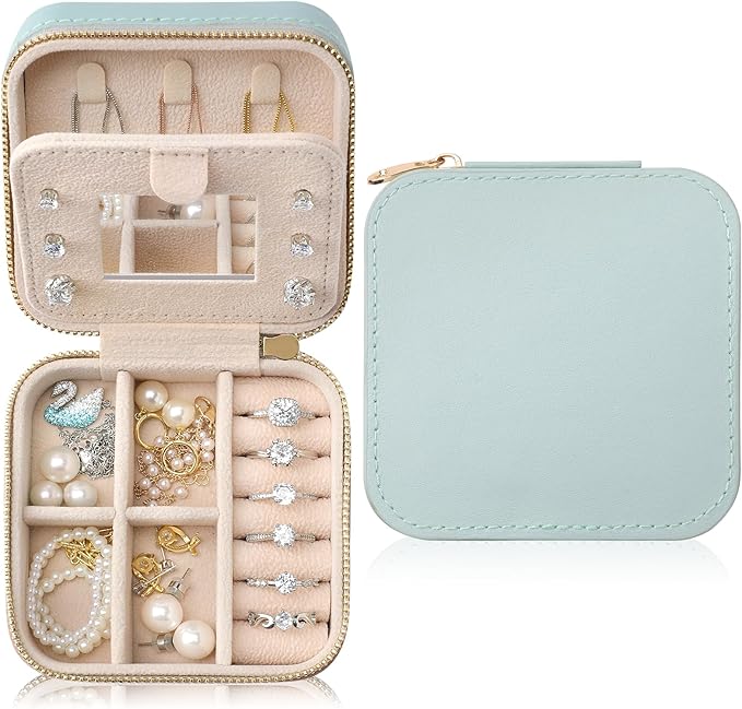 Genuine Leather Travel Jewelry Case Organizer with Mirror for Women, Small Jewelry Box Portable Mini Jewelry Case for Earring, Ring, Necklace, Bracelet(Cyan) by NGVRC