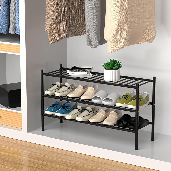 ROMGUAR CRAFT 3-Tier Bamboo Long Shoe Rack, Free Standing Wood Shoe Shelf Storage Organizer for Closet Entryway Stackable 35"x11"x20" (Black) - Image 4