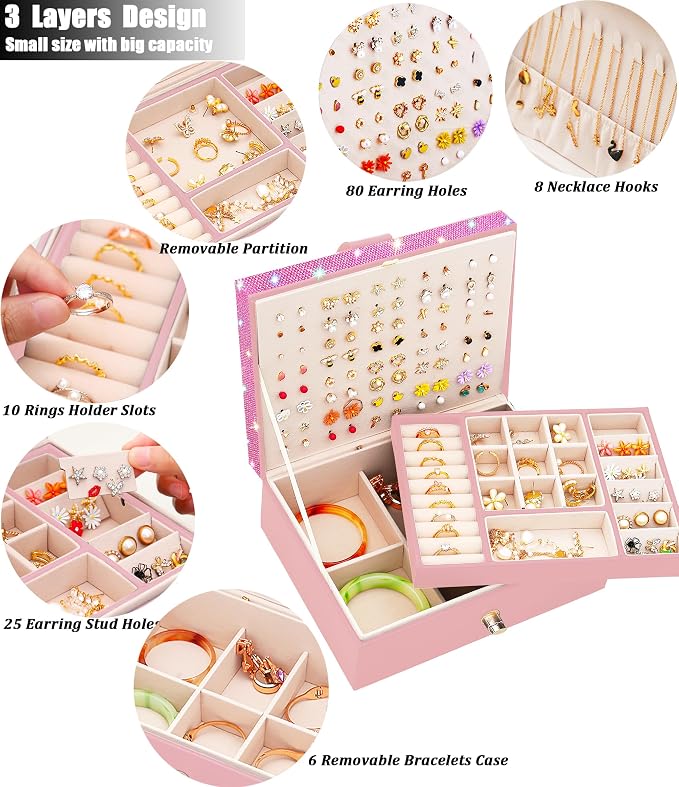 QBestry Jewelry Box for Earrings for Girls Jewelry Organizer Box Earring Holder Organizer for Girl Earring Box Jewelry Box Stud Earring Organizer for Girls Earring Jewelry Boxes for Women Pink Bling - Image 3