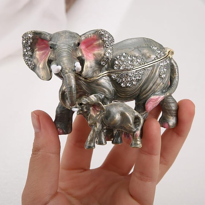 Hand Painted Animal Trinket Box for Home Decor, Hinged Jewelry Organizer Storage, Unique Personalized Collectible Keepsake Figurine Handmade Decorative Ornament Gifts (Mom & Baby Elephant) - Image 6