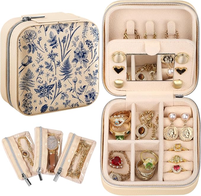 Bistup Travel Jewelry Case - Small Jewelry Organizers and Storage Box for Women Girls Teens Cute Traveling Jewelry Holder with Mirror Little Tiny Compact Modern Unique Aesthetic Pretty, Blue Floral by Bistup