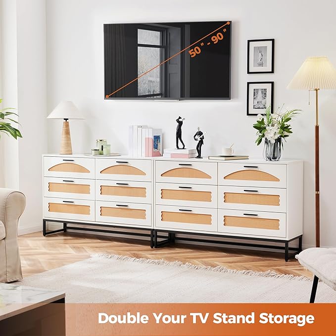 Mericonia 6 Drawer Double Dresser for Bedroom, Rattan Chest of Dressers, Modern Wooden Dresser Chest with Metal Frame for Bedroom, Living Room, Hallway and Entryway, White