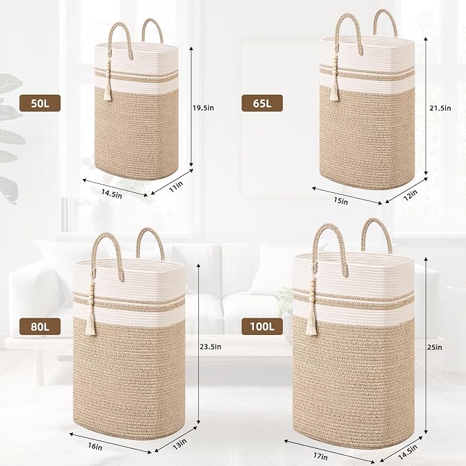 Woven Laundry Basket for Clothes, 65L Large Rectangle Laundry Hampers, Nursery Storage Basket for Toys, Tall Dirty Clothes Hamper for Bedroom Aesthetic, Bathroom, Laundry Room - Image 4