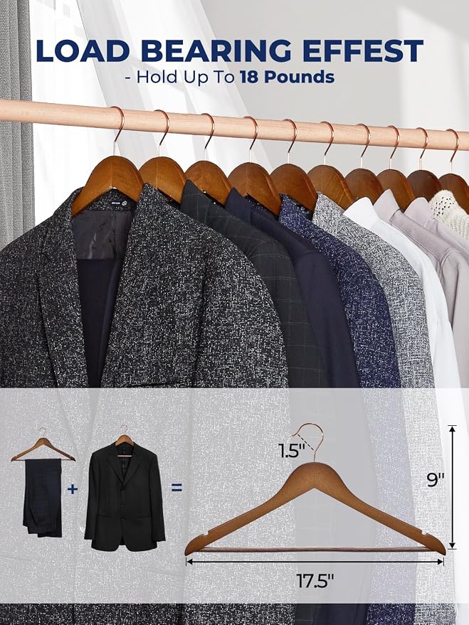 Smartor Wooden Hangers 20 Pack, Solid Wood Coat Hanger for Closet, Heavy Duty Wood Hangers for Suits, Shirts, Dresses, with 360° Rose Gold Hook, Non Slip Pant Bar, Walnut - Image 4