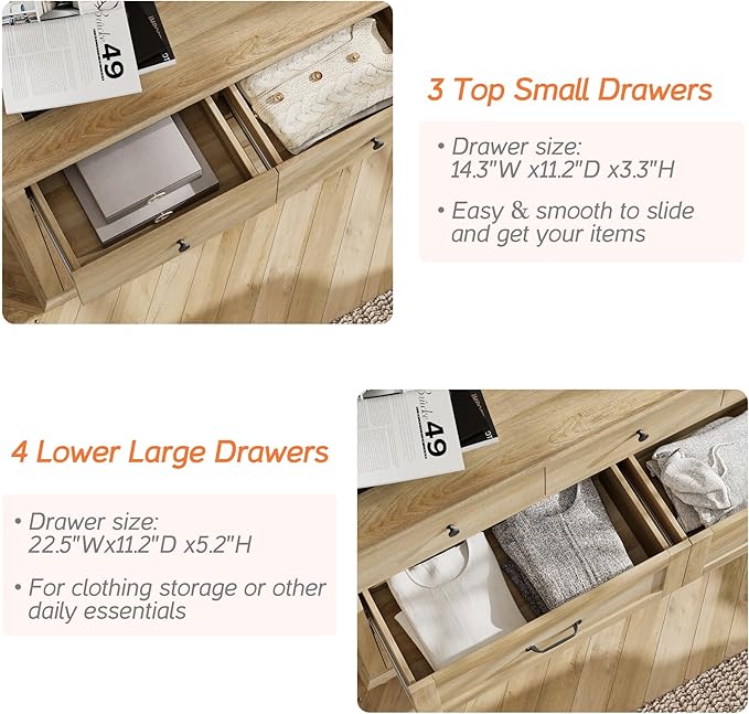 WAMPAT 3 Piece Bedroom Set - Includes Farmhouse 7 Drawer Dresser, Set of 2 Bedside Tables with 3 Drawers, 3 Piece Dresser and Nightstand Sets, Oak