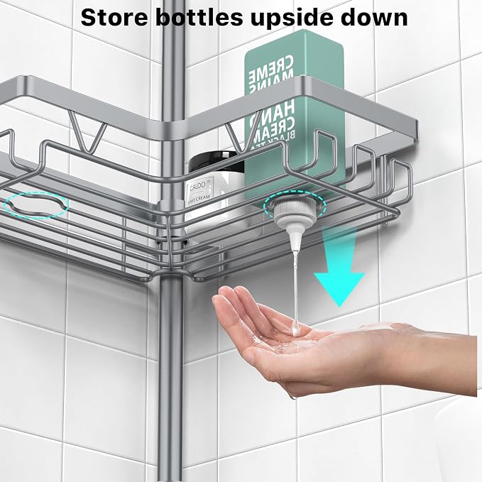 KEGII 4-Tier Corner Shower Caddy Tension Pole - Adjustable Shower Tension Rod Organizer, Floor to Ceiling Shower Caddy 25-114.2 inch, Shower Towel Rack Corner Waterproof, Light Gray - Image 5