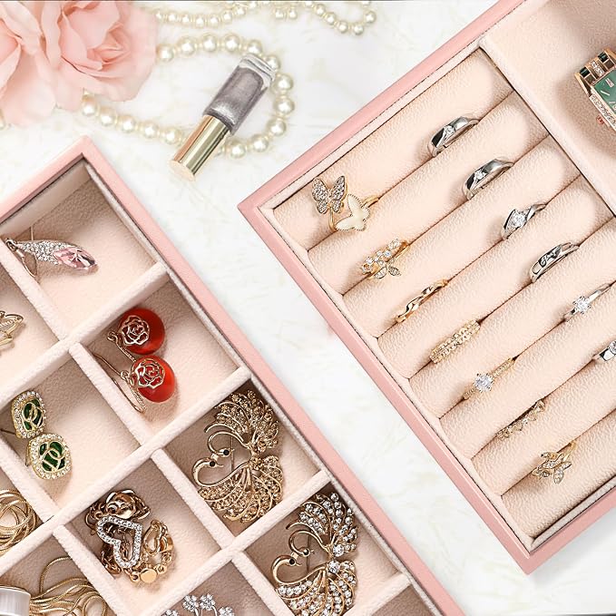 LANDICI Stackable Jewelry Organizer Trays 4 Set,PU Leather Jewelry Organizer Drawer,Jewelry Storage Display Tray for Earring Necklace Rings Bracelet with Removable Dividers,Pink - Image 3