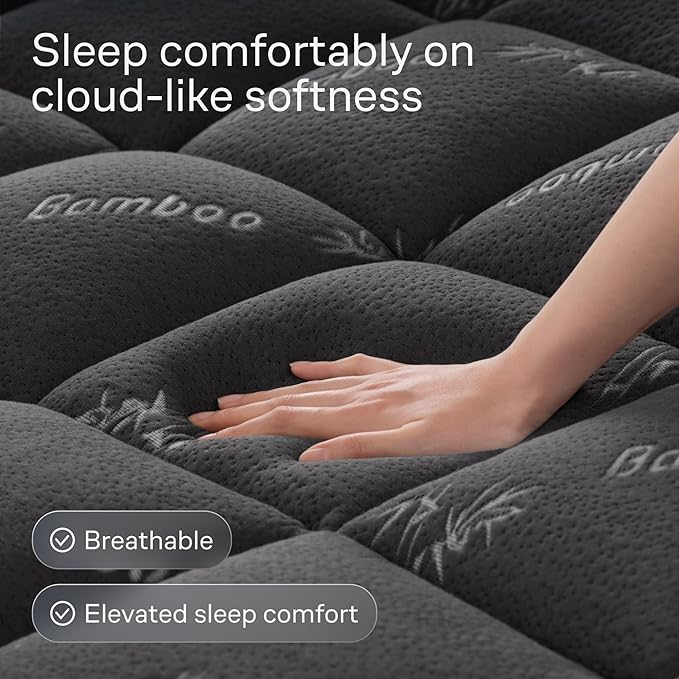 Ultra Soft Queen Size Mattress Topper - Viscose Made from Bamboo Pillow Top Mattress Pad for Back Pain Relief - Naturally Cooling for Hot Sleepers, Dark Gray