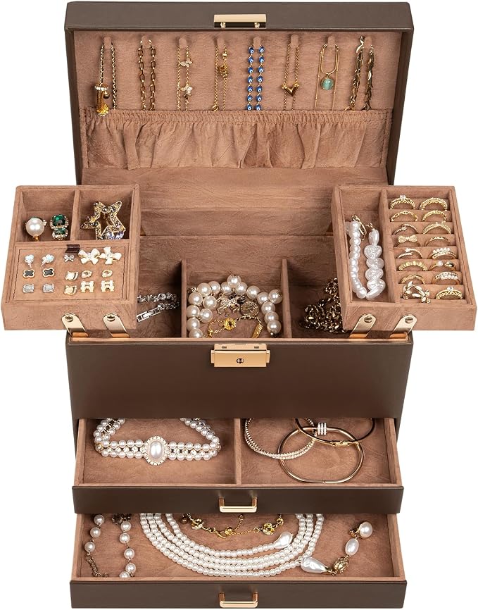 AKOZLIN Travel Jewelry Box Organizer Functional 2-trays Leather Jewelry Storage Case with Lockable Portable 2 Drawers for Women Girls Ring Necklace Earring Bracelet - Image 2