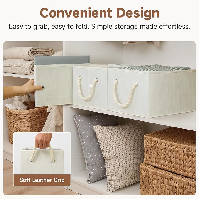 StorageWorks Storage Baskets for Shelves, Fabric Storage Bins, Closet Organization and Storage Basket, Foldable Organizer Bins for Clothes, Beige, White & Ivory, Large, 3-Pack - Image 5