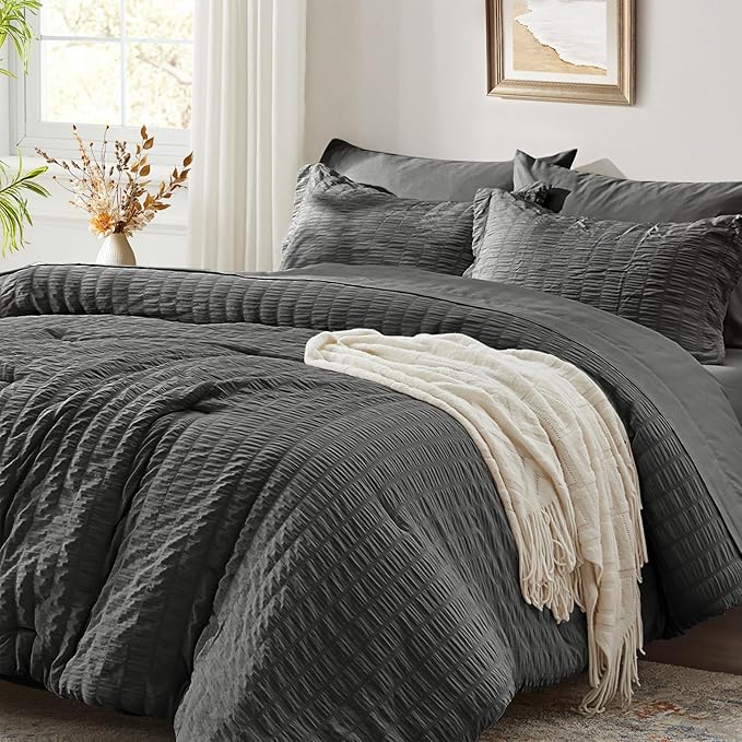 Zzlpp King Comforter Set 7 pieces, Dark Grey Seersucker Bed in a Bag with Comforter and Sheets, All Season Bedding Sets with 1 Comforter, 2 Pillow Shams, 2 Pillowcases, 1 Flat Sheet, 1 Fitted Sheet