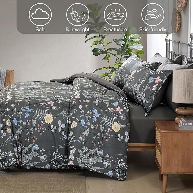 Yiran 7 Piece Grey Floral Comforter Set King Size, Botanical Flowers Bed in a Bag King, Soft Microfiber Complete Bedding Set with Sheets for All Season