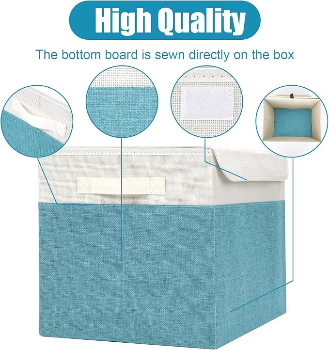 Large 17" 42 Quarts Collapsible Stackable Storage Bins with Lids [3-Pack] Foldable Fabric Linen Storage Boxes Cube, Closet Organizer Baskets with Label for Home (16.7 x 12 x 12", Teal & White) - Image 5
