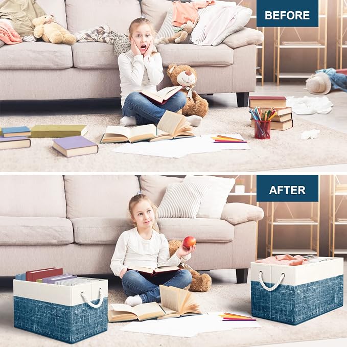 Fab totes Storage Bins [2-Pack], Foldable Storage Baskets for Organizing Toys, Books, Shelves, Closet, Large Storage Box with Rope Handles, Sturdy Organizer Bins, White & Blue - Image 4