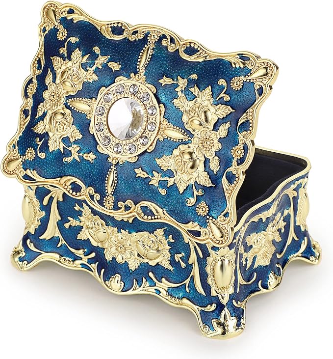 Hipiwe Vintage Jewelry Box, Small Enameled Trinket Box Organizer Rectangular Treasure Chest Box Jewelry Decorative box Keepsake Gift Box Case for Women,3.7x 2.7x 2 inch by Hipiwe