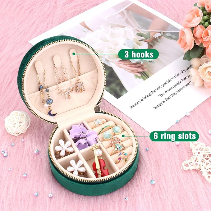 DesignSter Travel Jewelry Box - Velvet Mini Jewelry Organizer, Small Jewelry Case for Girls Women, Jewelry Storage Box for Rings Earrings Necklace (Circular, Emerald Green) - Image 4