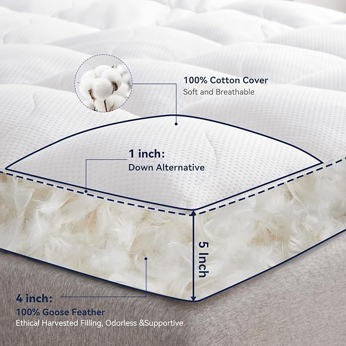 Dual Layer 5 Inch Goose Feather Mattress Topper King Size, 4 Inch Goose Feather Plus 1 Inch Down Alternative Pillow Top, Medium Firm Featherbed with Adjustable Straps(78"x80", Wavy)