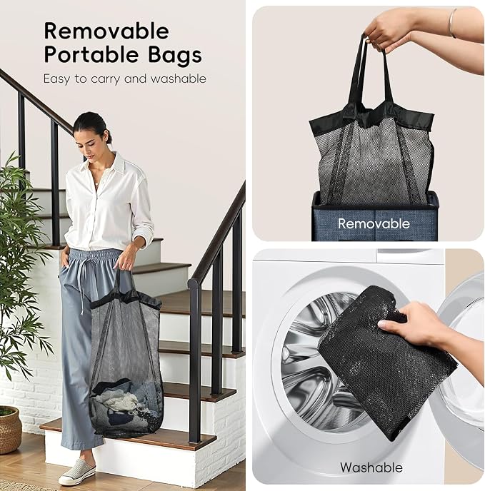 100L Laundry Hamper with Lid, Large Clothes Hampers with Removable Bag, Collapsible Laundry Basket for Bathroom, Bedroom, Laundry Room, Dorm, Navy Blue - Image 5