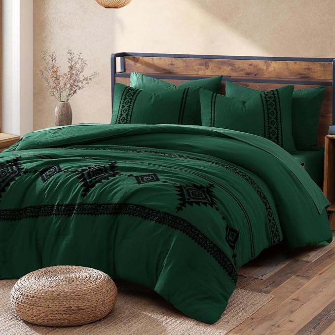 MaiRêve Embroidery Comforter Set, Boho Farmhouse Western Bedding Set, All Season Bed in A Bag Comforter Set with Sheets, Pillowcases & Shams, Emerald Green King 7 Pieces