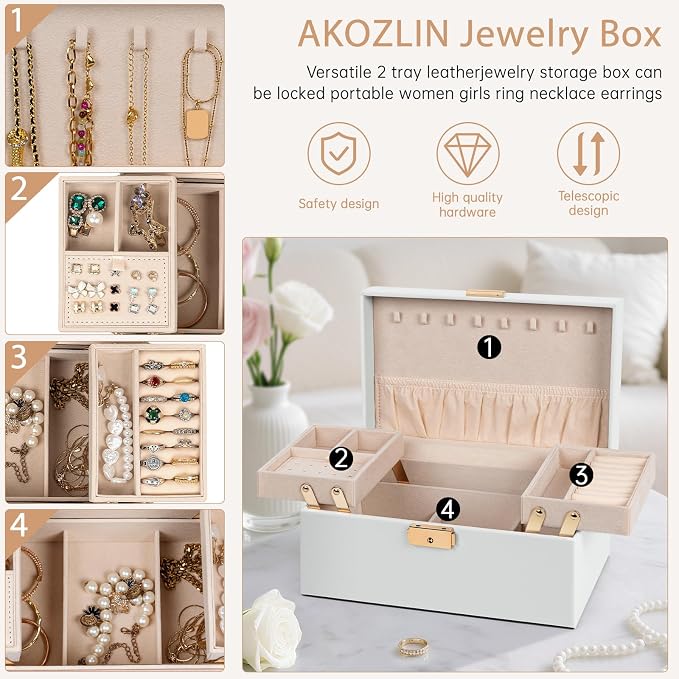AKOZLIN Travel Jewelry Box Organizer Functional 2-trays Leather Jewelry Storage Case with Lockable Portable for Women Girls Ring Necklace Earring Bracelet - Image 4