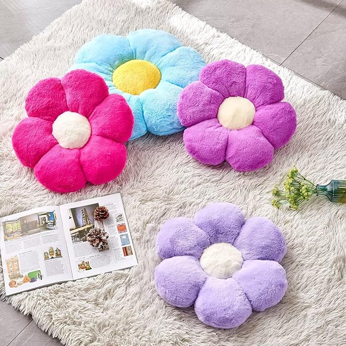 Kcvvcr Hot Pink Flower Pillow, Cute Decorative Flower Shaped Throw Pillow with Faux Rabbit Fur, 19.6" Soft Flower Plush Throw Pillow Floor Pillows Room Décor for Bedroom Living Room