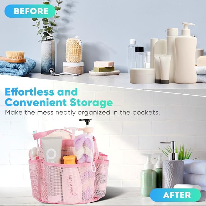 EUDELE Mesh Shower Caddy Portable for College Dorm Room Essentials,Portable Shower Caddy Dorm with 8-Pocket Large Capacity, Shower Bag for Beach, Swimming, Gym, Travel essentials, Pink - Image 6
