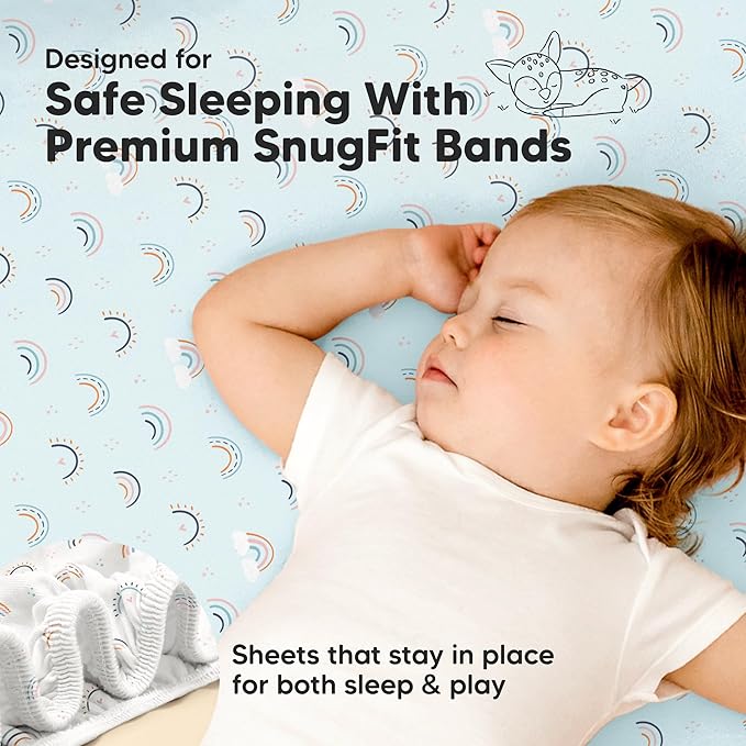 Pack and Play Sheets Fitted - 2-Pack Mini Crib Sheets for Pack N Play Mattress 38x26, Soft & Cozy, Neutral Toddler Playard Bedding, Snug Fitted Mini Baby Crib Mattress Cover Boy, Girl (Jolly Rainbow)