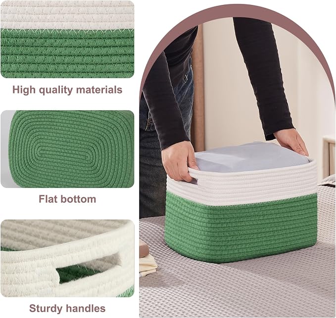 OIAHOMY 4 Pack Storage Baskets for Organizing, Basket for Shelves with Handle, Woven Baskets for Storage Toys, Towels, Books, Cotton Rope Basket 13" L x 9 " W x 7.8 " H, Olive Green & White - Image 3